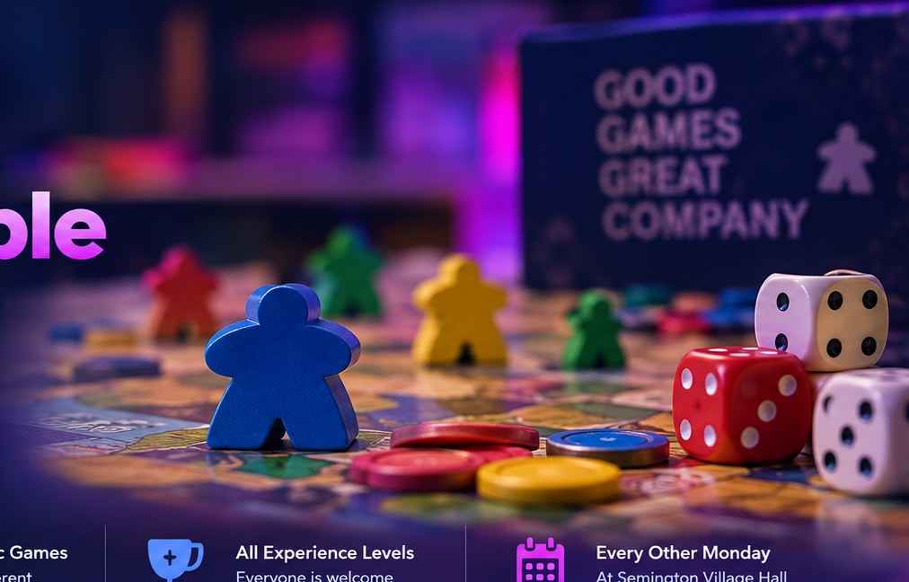 Colourful board game pieces, dice and tokens on a game table